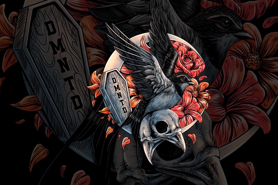 Ilustrasi burung hitam dengan bunga merah dan ornamen kayu, cocok untuk desain poster, kaos, atau kebutuhan desain grafis lainnya.