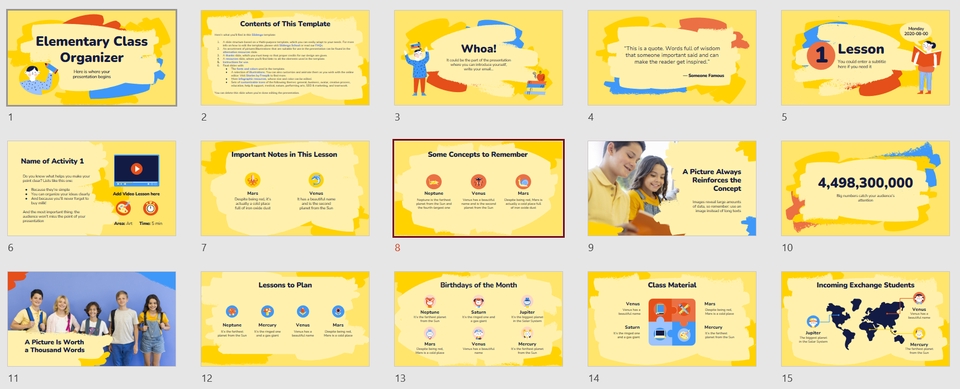 Desain presentasi PPT kelas dengan tema warna kuning dan merah, cocok untuk presentasi kelas sekolah dasar.