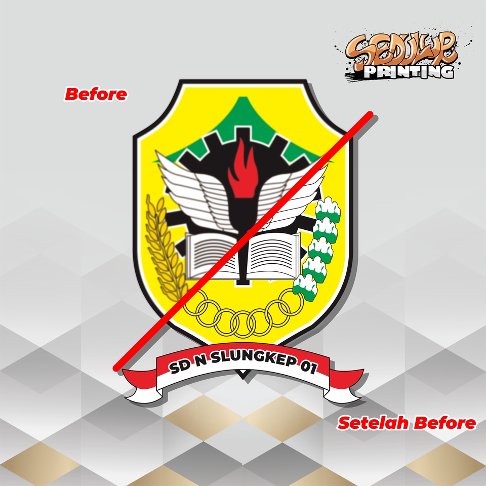 Jasa desain ilustrasi logo SD Negeri Slungkep 01 dengan gambar buku, tumbuhan, dan bintang.