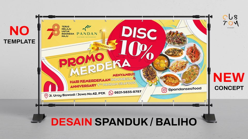 Desain spanduk promosi diskon untuk restoran seafood dengan desain kreatif dan modern.