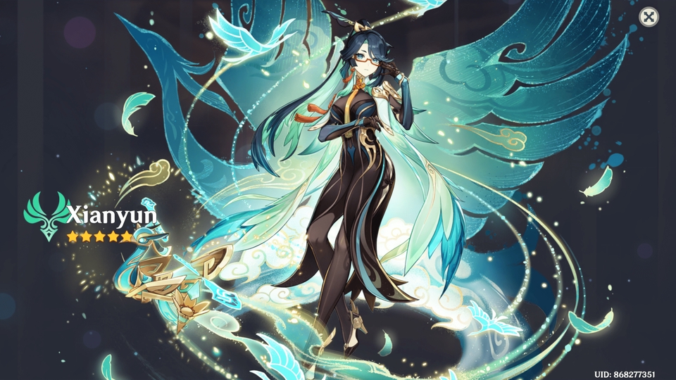 Joki game Genshin Impact, Xianyun, karakter wanita dengan kostum biru dan sayap berwarna hijau, berdiri di atas awan dan bunga