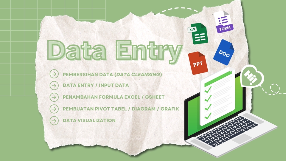 Jasa data entry freelance: Input data, membersihkan data, membuat tabel pivot, diagram, grafik, dan visualisasi data dengan excel.