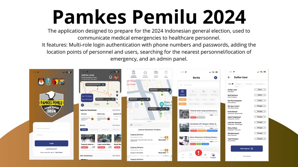 Jasa Pembuatan Aplikasi Android Pemilu 2024: Aplikasi ini dirancang untuk membantu mempersiapkan Pemilu 2024 di Indonesia. Aplikasi ini menyediakan fitur login multi-role, autentikasi dengan nomor telepon dan kata sandi, serta penambahan lokasi personil dan pengguna untuk membantu menemukan personil/lokasi terdekat dalam keadaan darurat. Aplikasi ini juga memiliki panel admin untuk mengelola aplikasi.