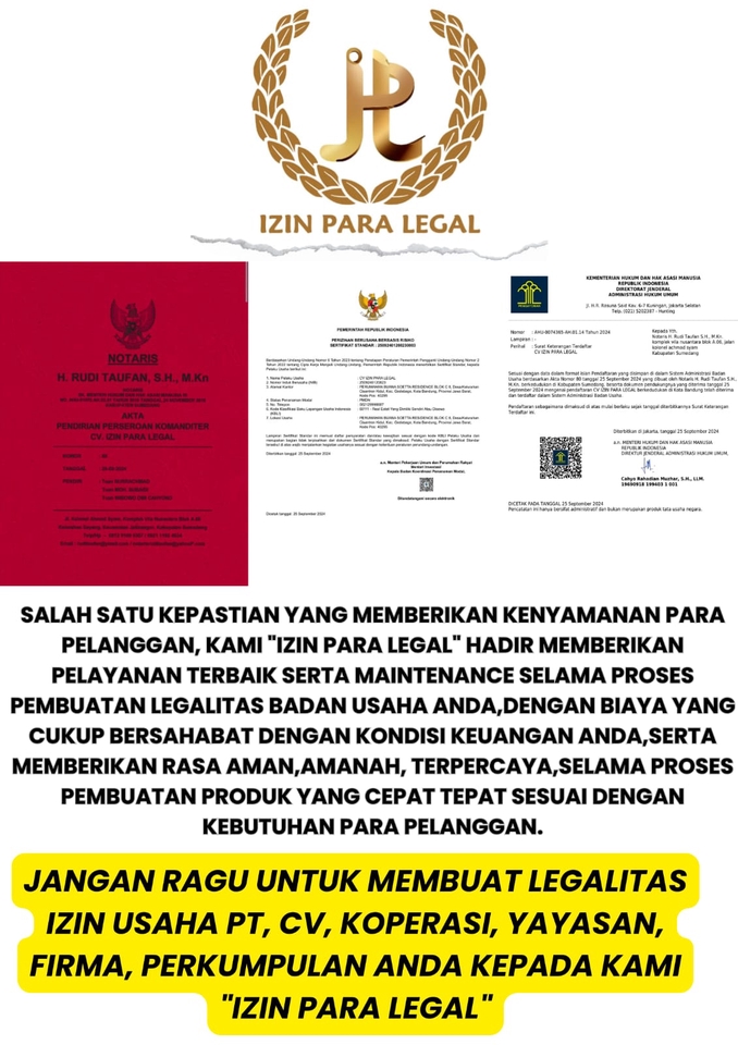 Jasa legal freelance konsultan legal "Izin Para Legal" membantu pembuatan legalitas untuk PT, CV, Koperasi, Yayasan dan Firma.
