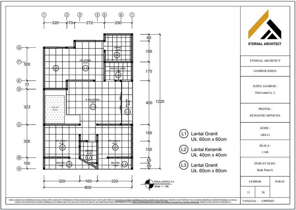 Jasa drafter autocad interior dan eksterior rumah minimalis dengan detail ukuran ruangan dan bahan.