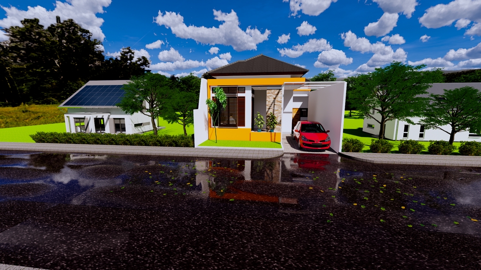 Jasa desain exterior 3d untuk rumah minimalis modern dengan mobil di halaman depan, desain rumah idaman.