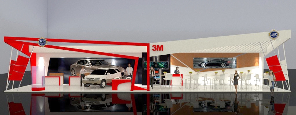 Desain booth pameran 3D untuk produk 3M, jasa desain stand pameran 3D, desain booth pameran minimalis, desain stand pameran modern.