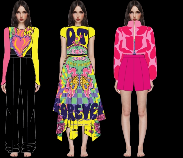 Ilustrasi tiga wanita dengan desain yang unik dan menarik, cocok untuk inspirasi desain karakter.