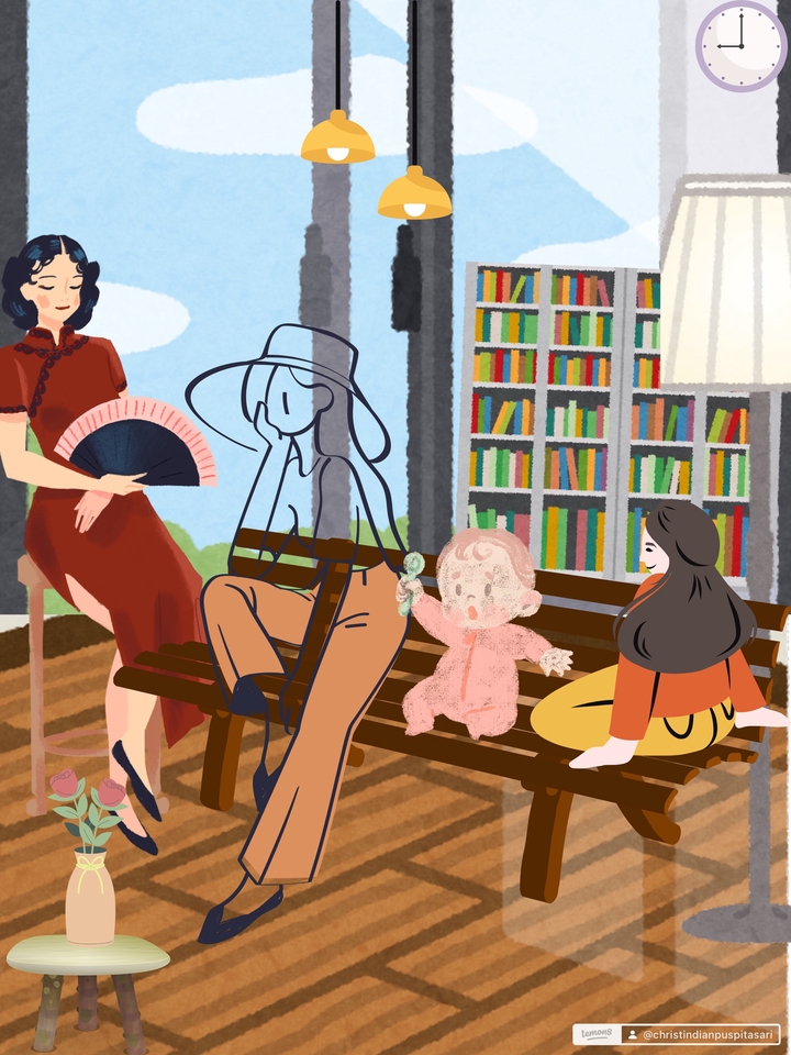 Ilustrasi kartun keluarga duduk di bangku taman dengan latar belakang rak buku dan jendela