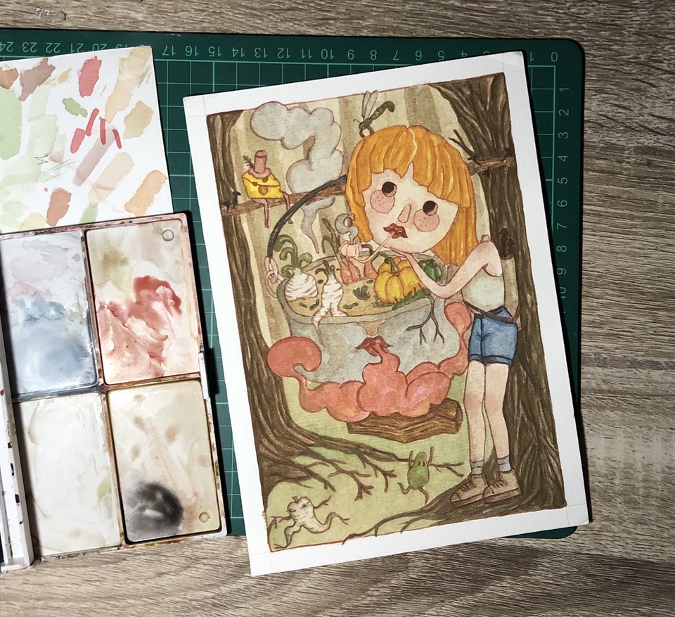 Ilustrasi kartun lucu wanita memegang buah dan sedang memasak dengan kaldero. jasa ilustrasi, gambar ilustrasi kartun, gambar ilustrasi, ilustrasi digital.