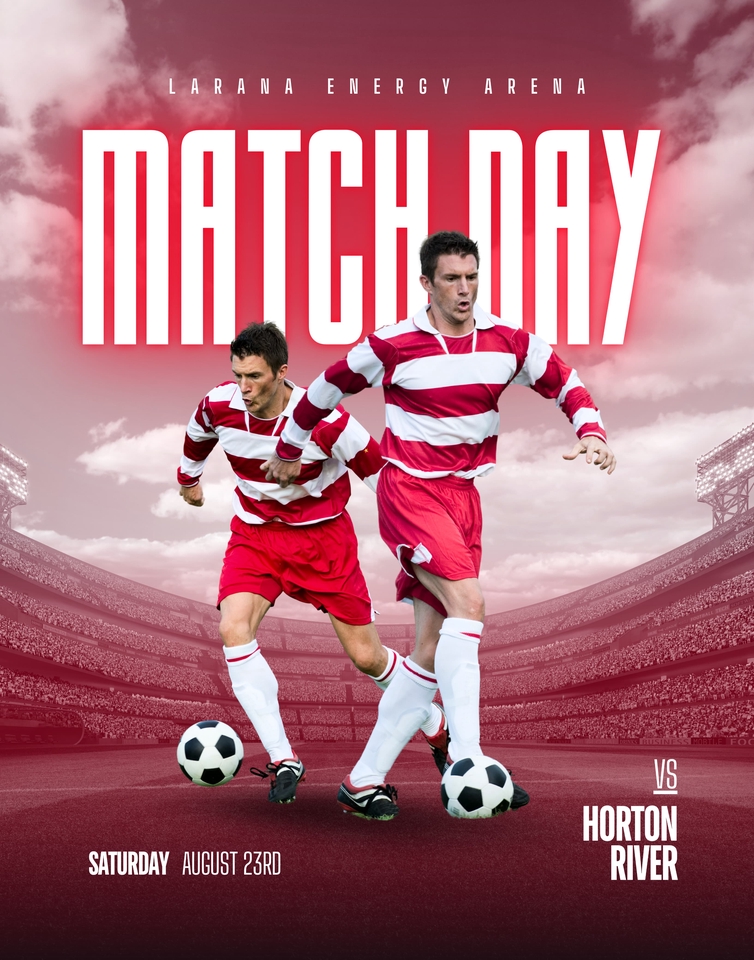 Spanduk untuk pertandingan sepak bola di Larana Energy Arena, dengan teks "Match Day" dan tanggal pertandingan.