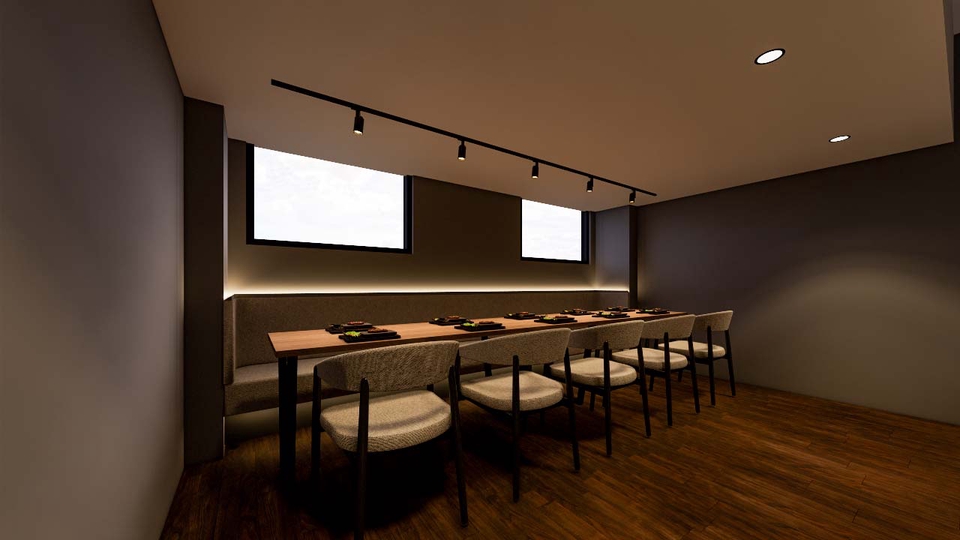 Jasa desain interior cafe minimalis dengan meja makan dan kursi kayu