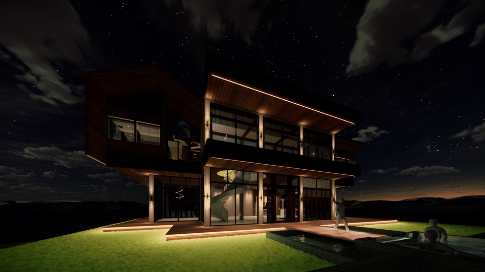 Jasa desain exterior 3d rumah minimalis modern dengan kolam renang.