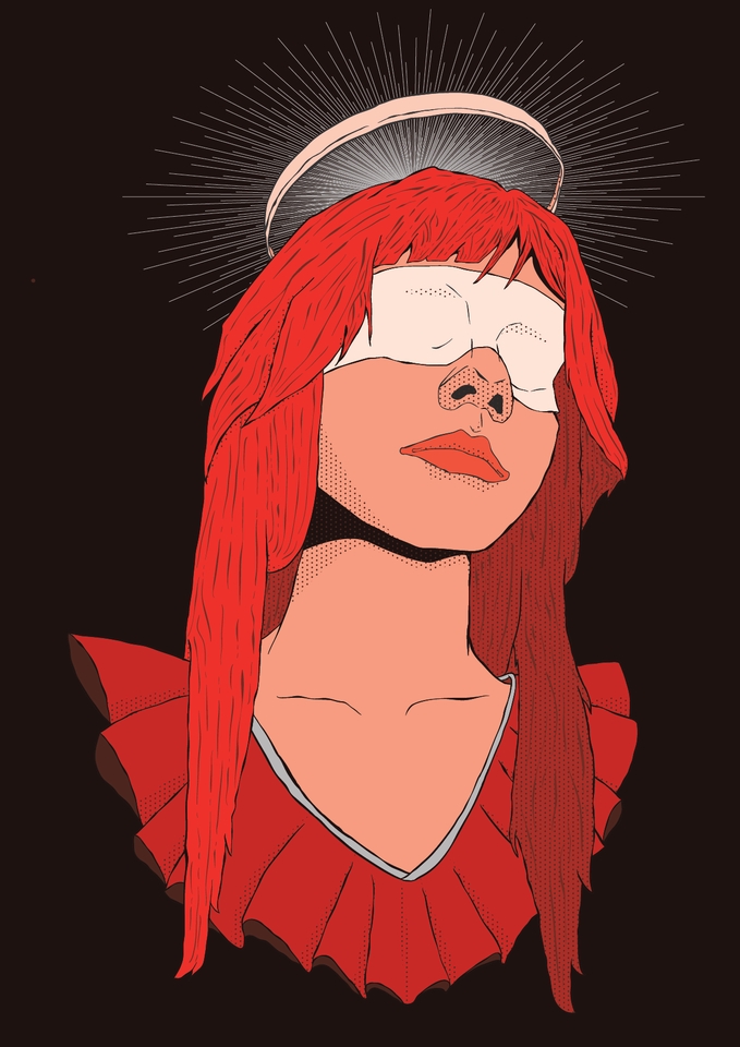 Ilustrasi wanita berambut merah dengan halo dan menutup mata, cocok untuk desain kartu ucapan, poster, atau desain grafis lainnya.