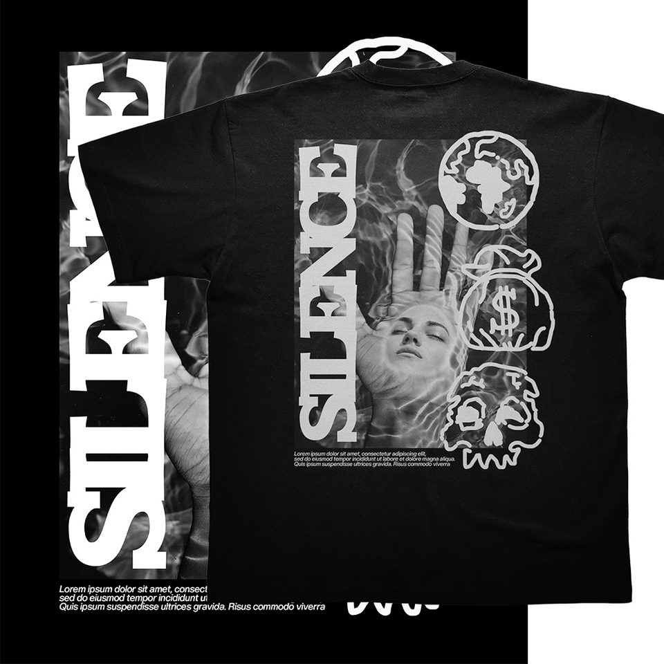 Desain kaos keren dengan motif tulisan silence, cocok untuk distro