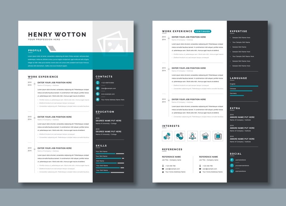 Contoh desain CV profesional dengan warna biru dan hitam untuk Henry Wotton, cocok untuk pelamar kerja.