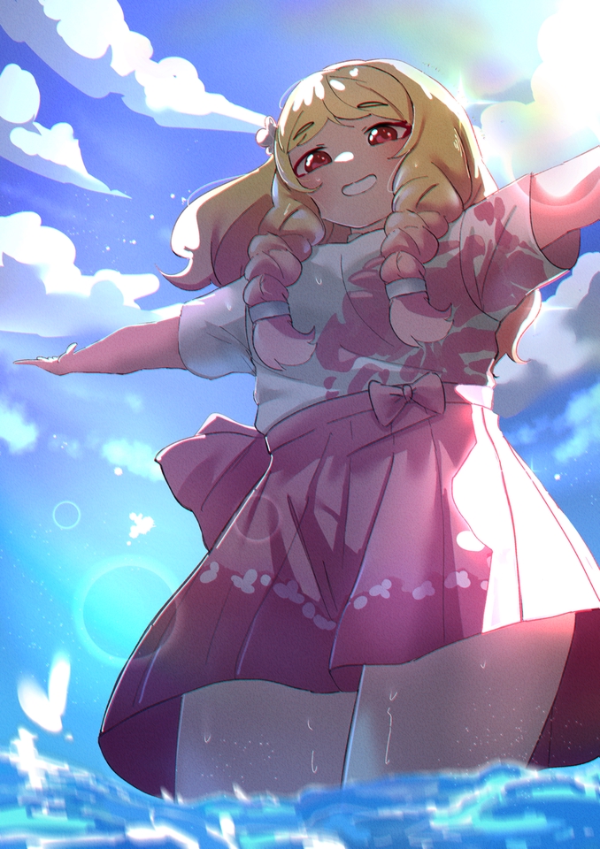 วาดแฟนอาร์ตการ์ตูน ศิลปินสาวผมทองน่ารักในชุดชมพู ยิ้มหวาน