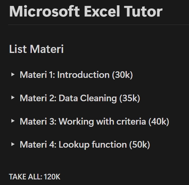 Kursus Microsoft Excel online untuk belajar fungsi lookup dan data cleaning.