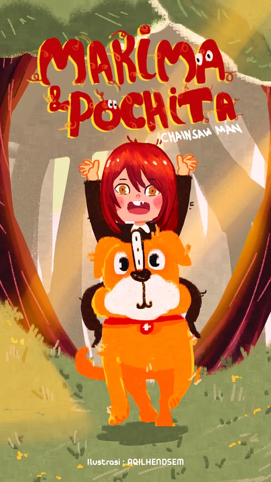 Ilustrasi kartun lucu Makima dan Pochita dari Chainsaw Man dengan warna oranye dan merah, cocok untuk keperluan media sosial.