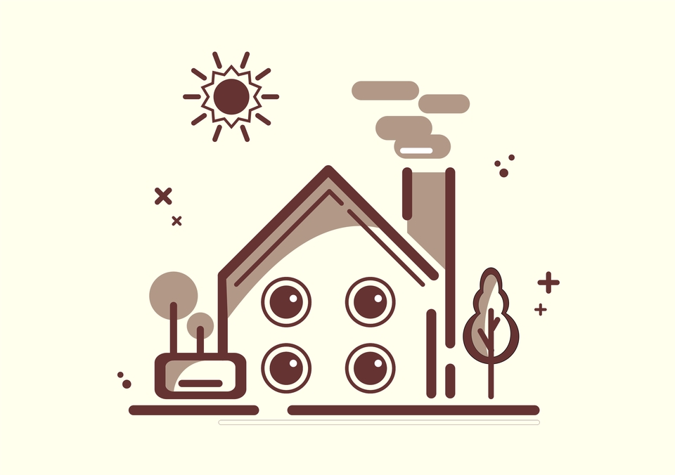 Ilustrasi rumah sederhana dengan atap berwarna coklat dan dinding berwarna putih, dengan latar belakang warna krem dan terdapat pohon di sampingnya.