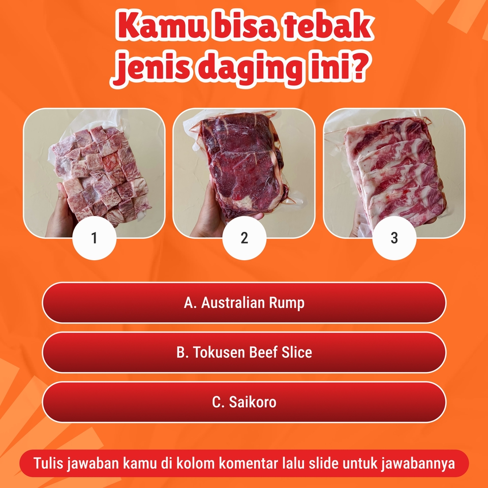 Jasa digital marketing - Tebak jenis daging ini,  Australian Rump, Tokusen Beef Slice, Saikoro. Pasang iklan facebook, iklan instagram, jasa iklan google adwords, jasa google ads murah, jasa pasang iklan di facebook, jasa marketing instagram, jasa iklan social media.