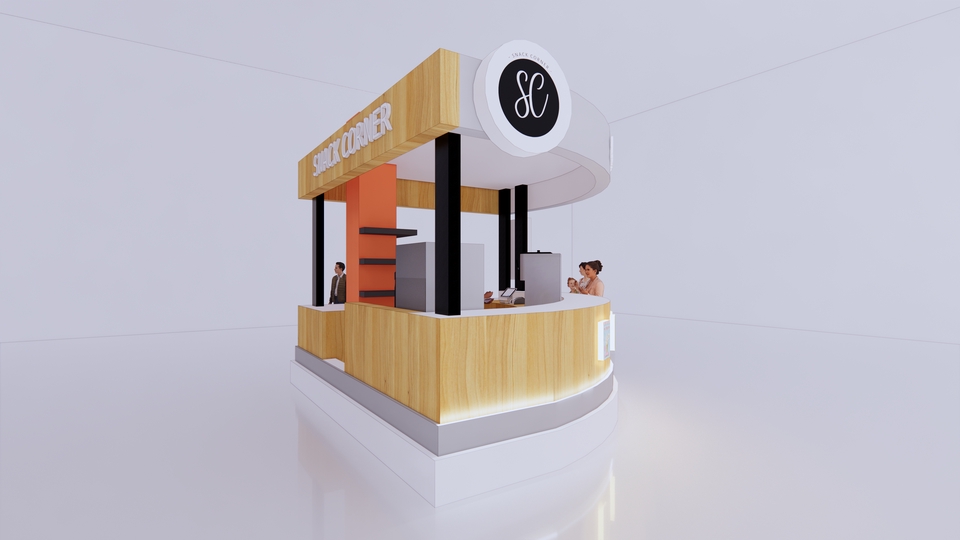 Desain booth pameran 3d untuk usaha kopi, minimalis modern.