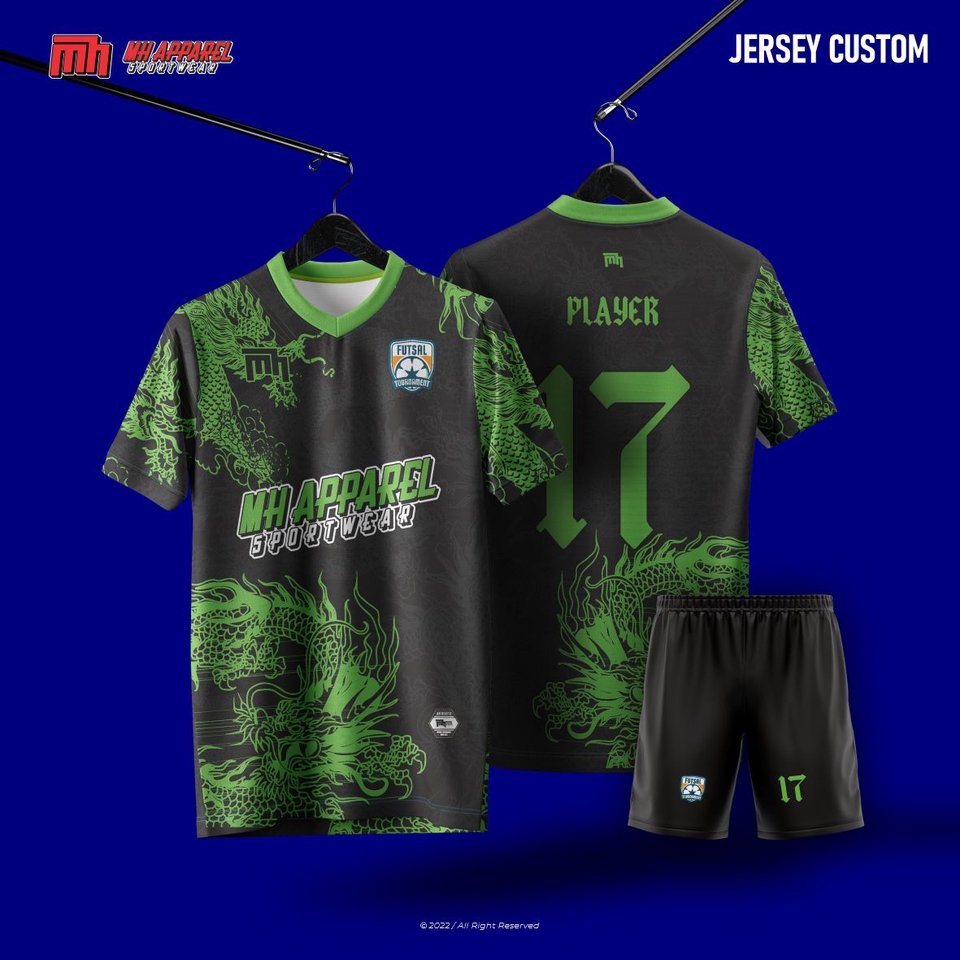 Desain jersey futsal dengan motif naga hijau dan tulisan "Player 17" untuk jasa desain jersey bola di Indonesia.