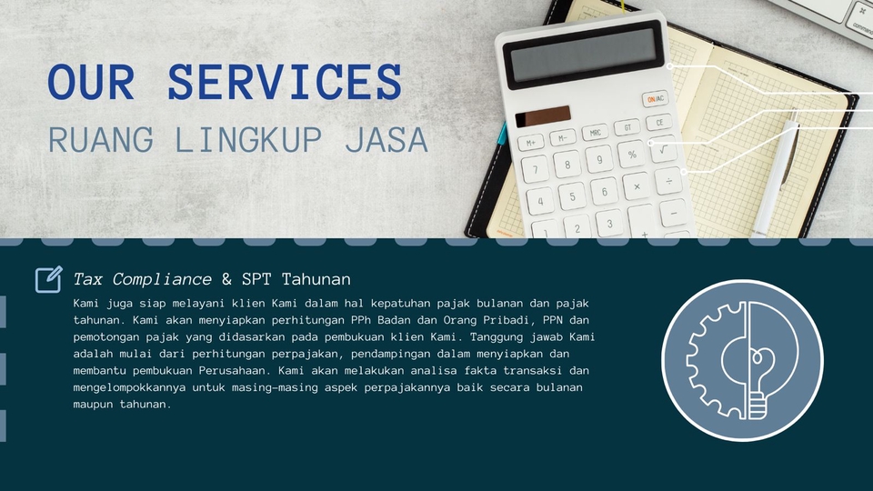 Jasa Konsultan Pajak dan Pembuatan Laporan Keuangan untuk Perusahaan dan Perorangan.