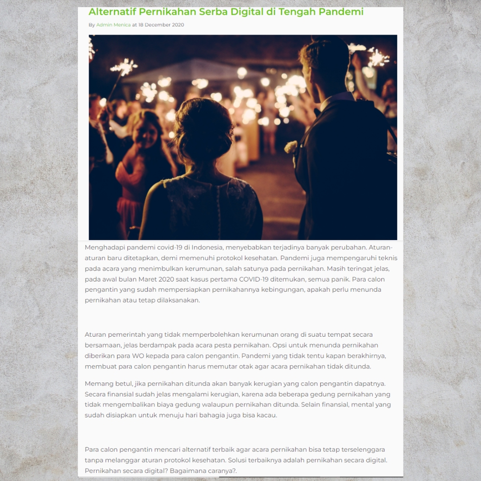 Jasa penulis artikel tentang pernikahan digital di tengah pandemi, jasa penulis konten, content writer, jasa copywriting, copywriter freelance, jasa artikel bahasa Indonesia, jasa pembuatan artikel.