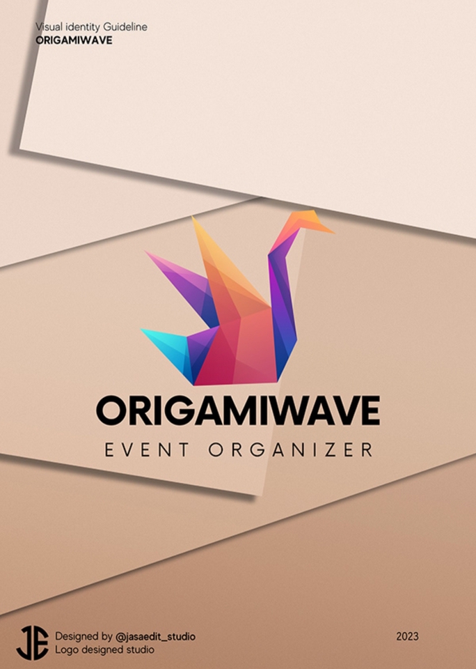 Desain logo origami berwarna-warni untuk event organizer