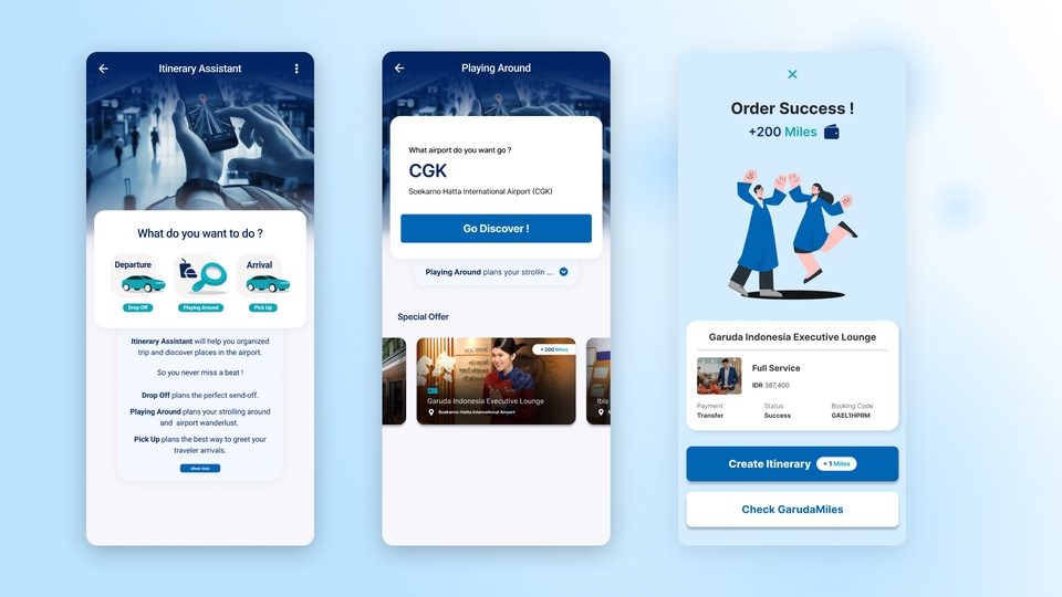 Desain aplikasi mobile ui ux dengan konsep layanan pemesanan tiket pesawat, layanan airport assistant, dan fasilitas lounge.