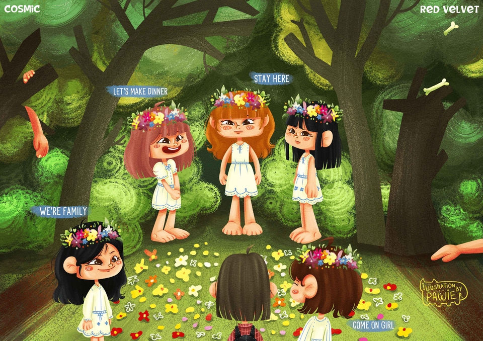 Ilustrasi kartun lucu keluarga sedang piknik di hutan.