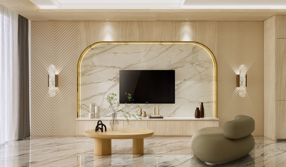 Desain interior ruang tamu minimalis dengan sofa dan televisi di ruangan dengan desain dinding marmer