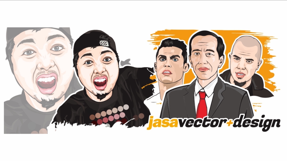 Jasa pembuatan karikatur vektor wajah, ilustrasi desain wajah hitam putih, freelance jasa lukis wajah, gambar karikatur kartun.