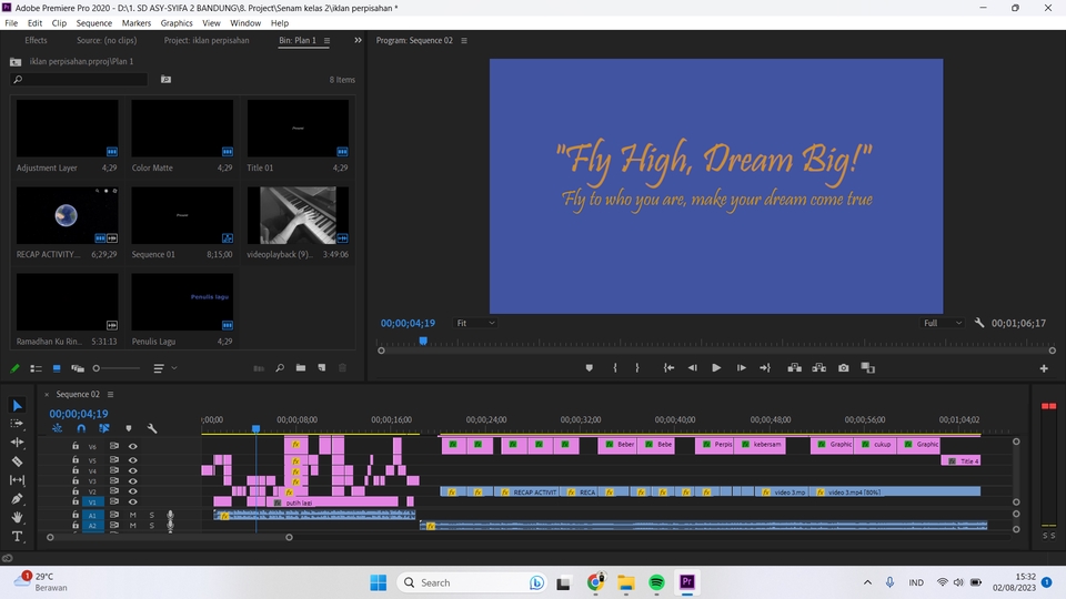 Jasa edit video youtube dengan teks motivasi "Fly High, Dream Big" untuk meningkatkan kualitas video dan branding konten.