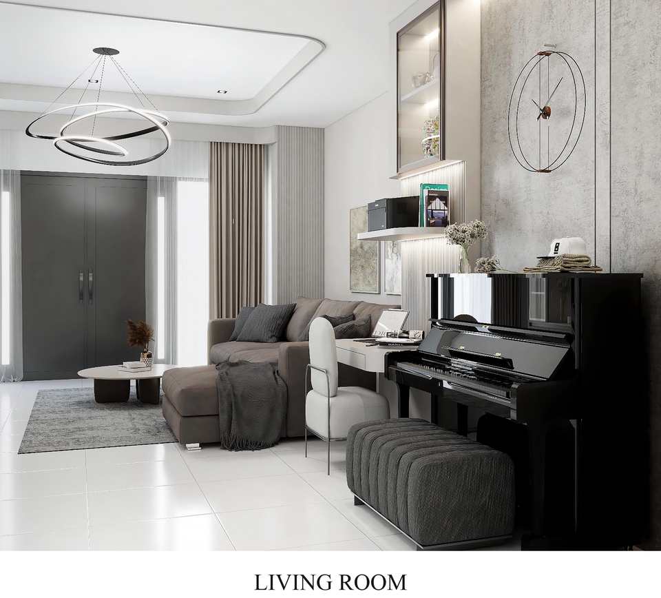 ออกแบบตกแต่งภายในบ้านหรู พร้อมชั้นวางของและเปียโน