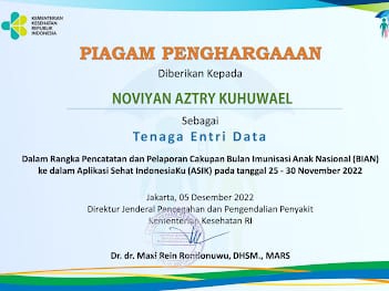 Jasa data entry online - Piagam penghargaan untuk entri data imunisasi anak nasional