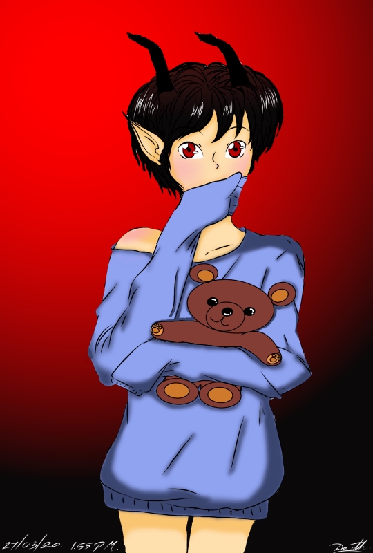 วาดแฟนอาร์ต การ์ตูนน่ารัก ตัวละครหญิง ผมดำ มีเขา ใส่เสื้อสีฟ้าอ่อน ถือตุ๊กตาหมี