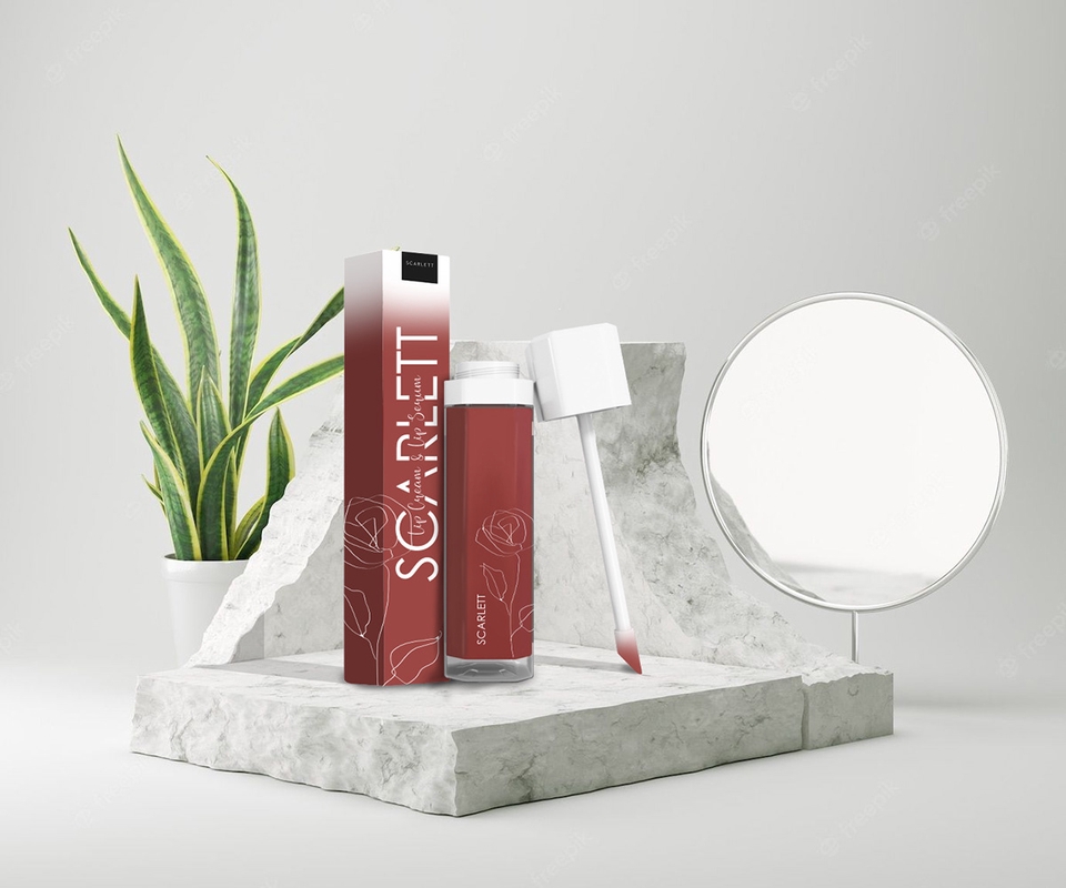 Desain kemasan lipstick dengan konsep minimalis modern, cocok untuk produk kecantikan wanita.