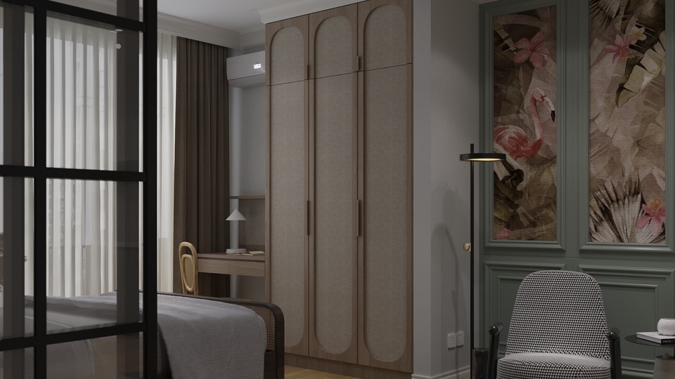 ออกแบบตกแต่งภายในห้องนอนสวยหรู พร้อมตู้เสื้อผ้าและมุมทำงาน