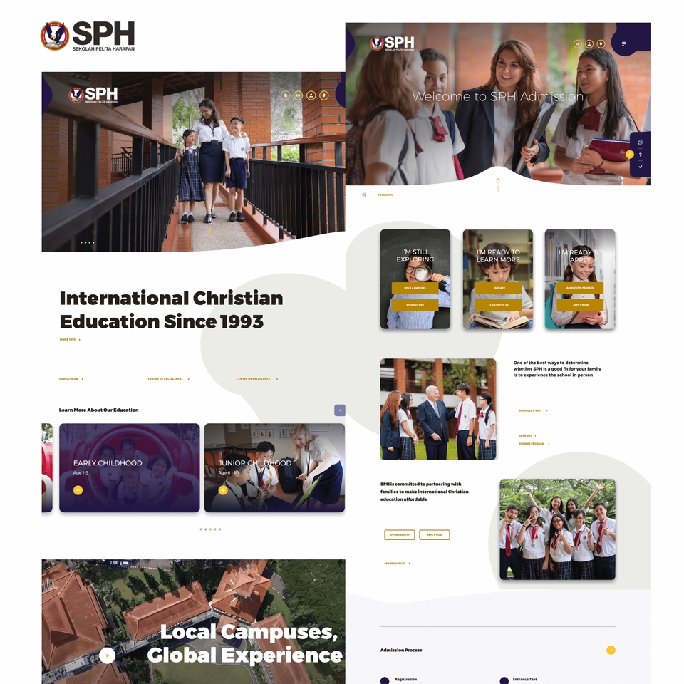 Desain UI UX Website Sekolah Kristen Internasional dengan latar belakang kampus dan gambar siswa