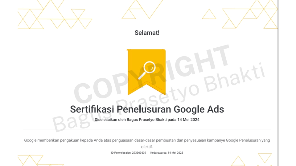 Sertifikat Penelusuran Google Ads, Dieliskan oleh Bagus Prasetyo Bhakti pada 14 Mei 2024, jasa iklan google ads, jasa google ads profesional, jasa pasang iklan google, jasa digital marketing.