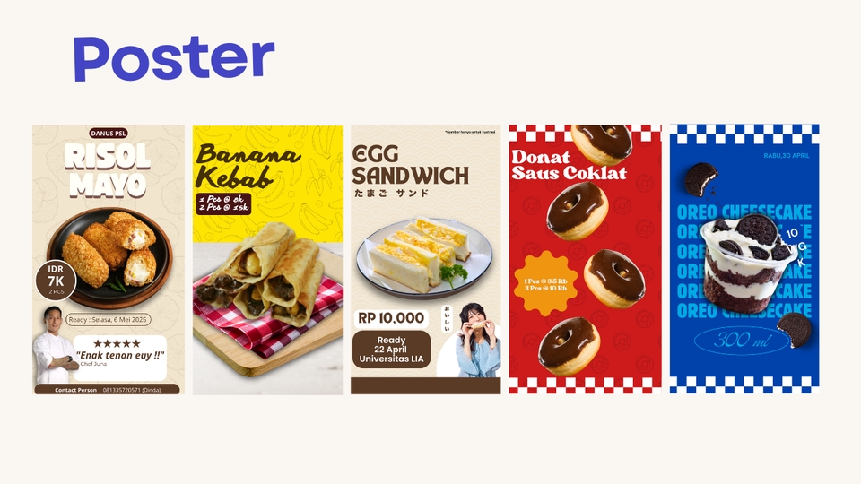 Jasa Desain Banner Instagram Promosi Makanan: Risol Mayo, Banana Kebab, Egg Sandwich, Donat Coklat, Oreo Cheesecake. Desain Banner Online Shop dan Web. Buat Banner Iklan Instagram Keren dan Unik.