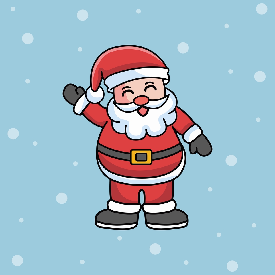 Desain karakter kartun Santa Claus lucu dengan pose tangan terangkat, cocok untuk desain maskot, karakter game, dan ilustrasi.