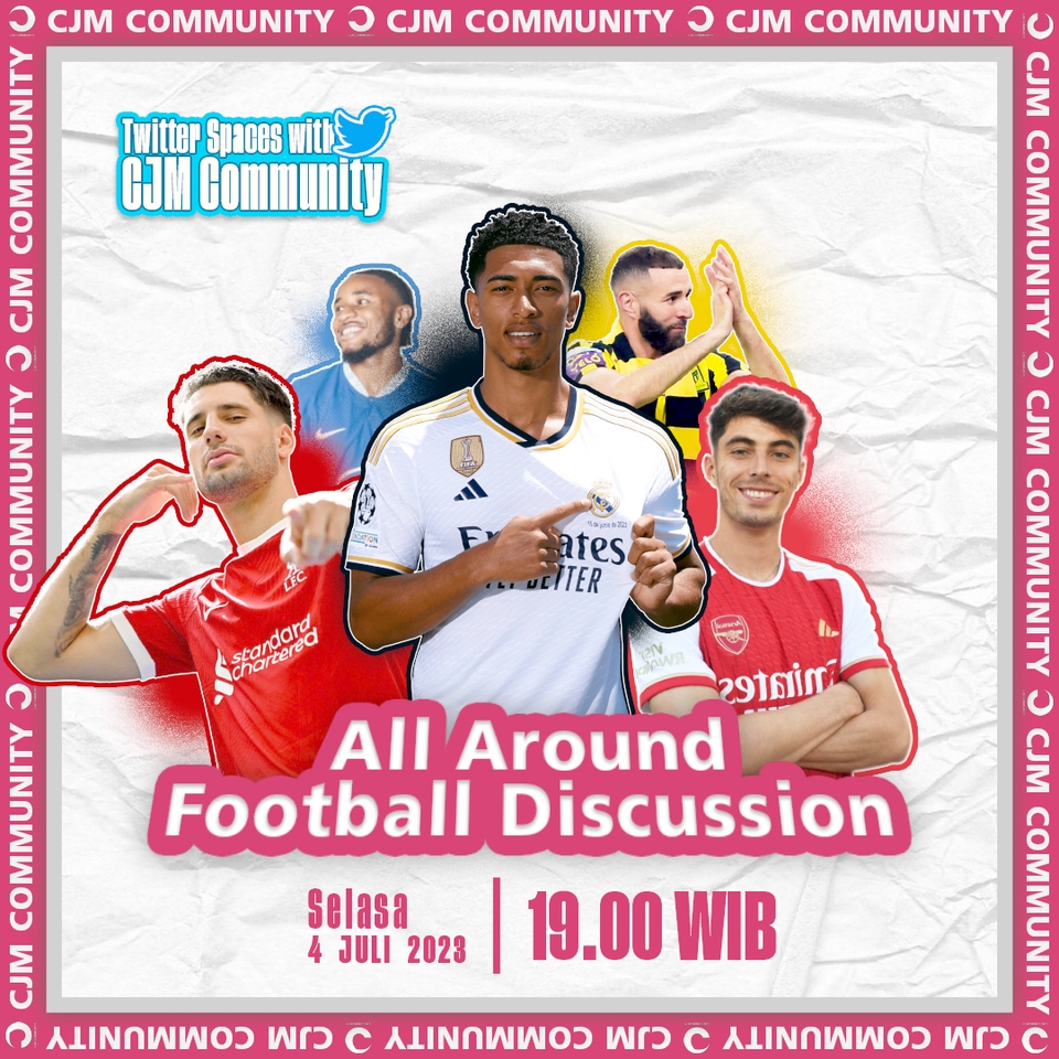 JASA BUAT BANNER INSTAGRAM, desain banner untuk Twitter Spaces dengan tema diskusi sepak bola. Banner ini menampilkan foto-foto pemain sepak bola, jadwal acara, dan informasi tentang CJMC Community.