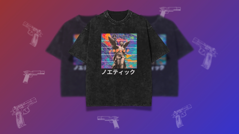 Desain kaos distro pria dengan gambar sayap dan tulisan "Nudie Swag"