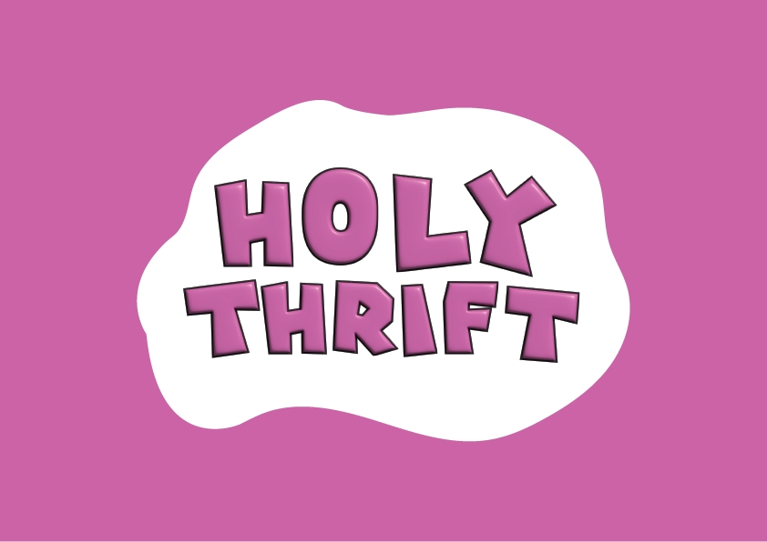 Desain logo "Holy Thrift" dengan font berwarna pink dan latar belakang putih, ideal untuk logo toko online, olshop, atau usaha thrifting.