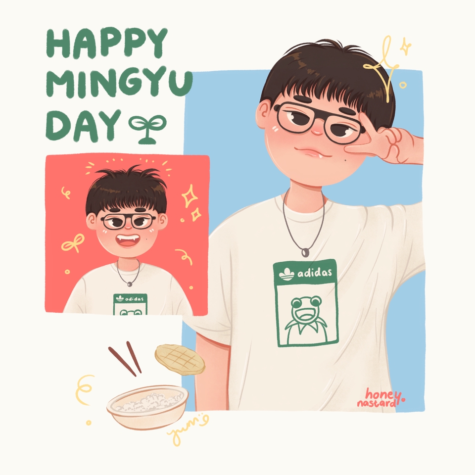 Ilustrasi kartun pria bertopi dan kacamata tersenyum sambil memegang wadah makanan