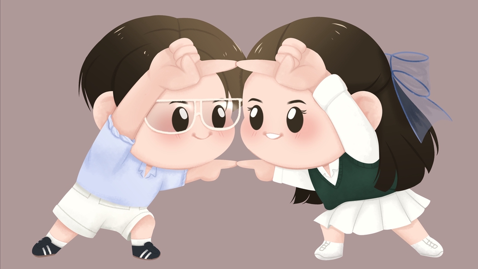 Ilustrasi kartun lucu, dua anak kecil sedang tersenyum dan memberi hormat, jasa desain ilustrasi kartun lucu, gambar ilustrasi kartun lucu, gambar ilustrasi anak, sketsa kartun lucu, sketsa gambar kartun lucu, ilustrasi digital anak.