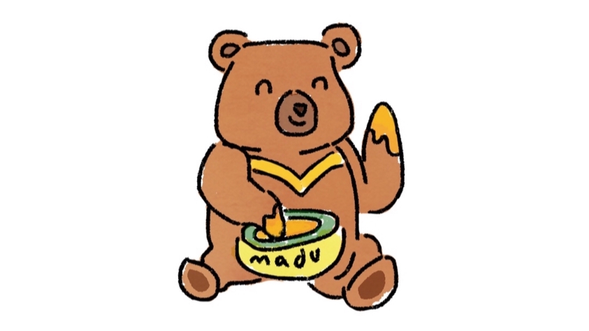 Jasa desain karakter kartun lucu beruang madu holding bowl.